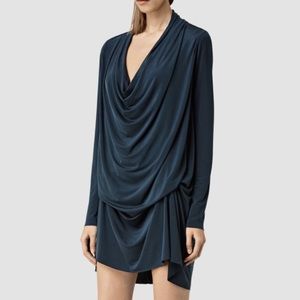 AllSaints Draped Long-Sleeve Mini Dress in Deep Teal
